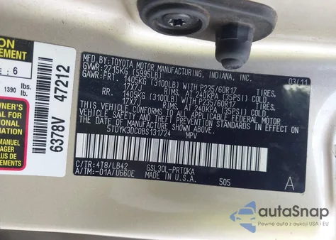 2011 Toyota Sienna Xle V6 из США, поврежденный, VIN 5TDYK3DC0BS131724